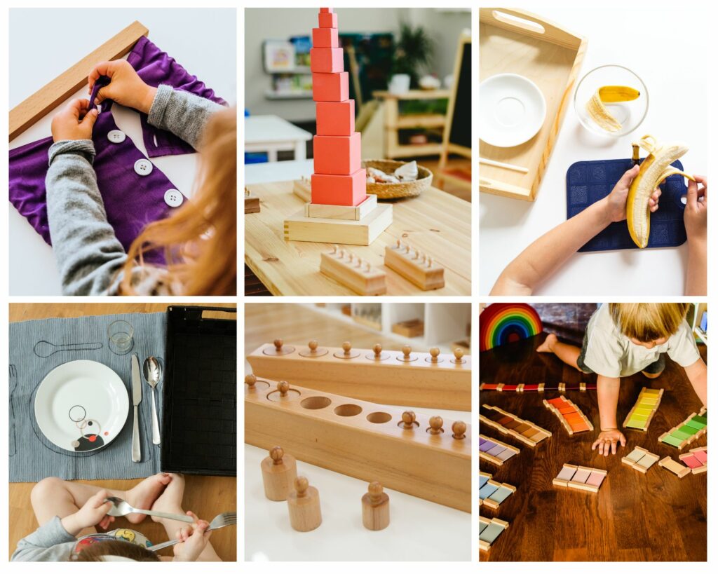 Charakterystyczne w metodzie Montessori zabawki to drewniane układanki, maty edukacyjne, książeczki sensoryczne a także przedmioty codziennego użytku.