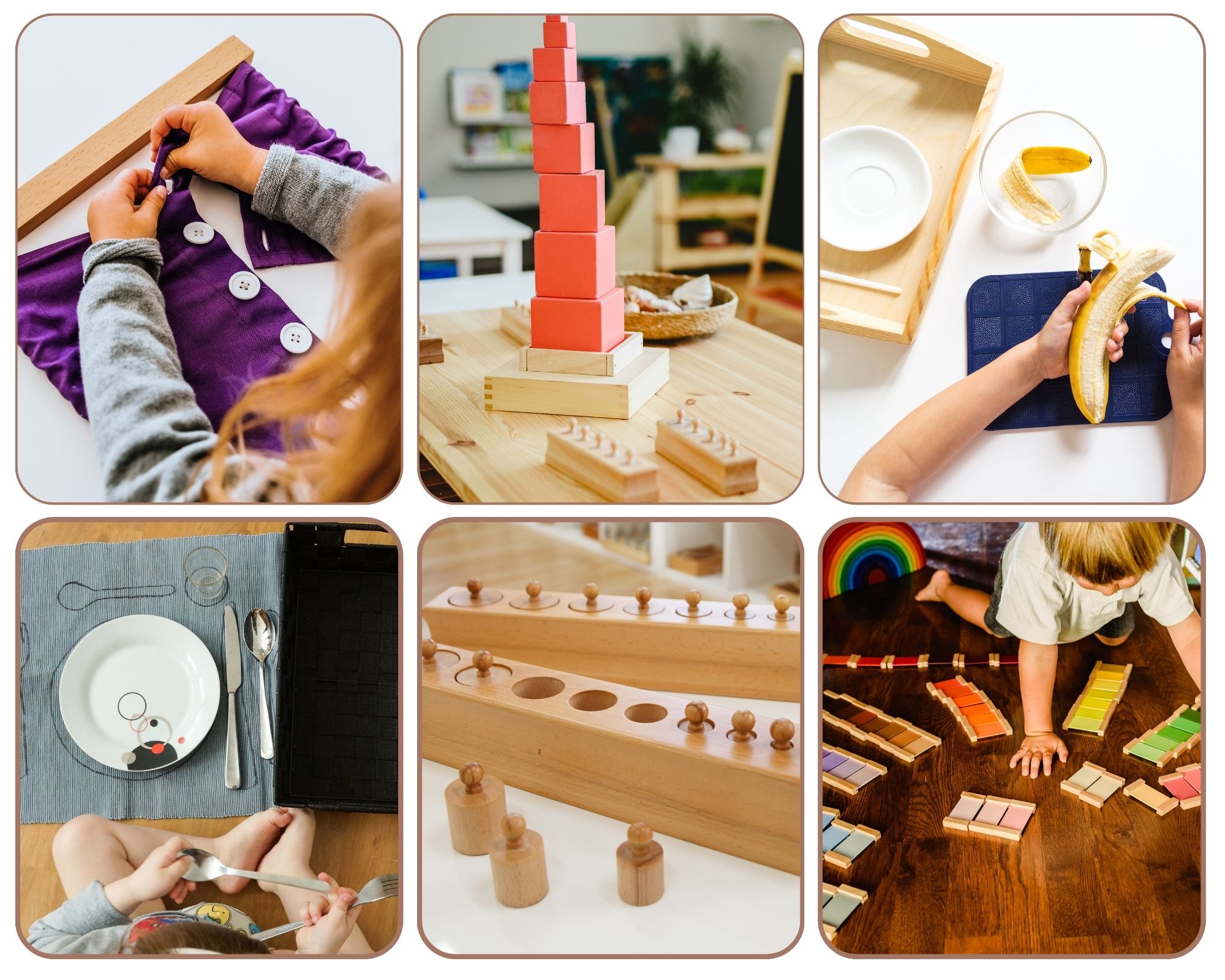 Charakterystyczne w metodzie Montessori zabawki to drewniane układanki, maty edukacyjne, książeczki sensoryczne a także przedmioty codziennego użytku.