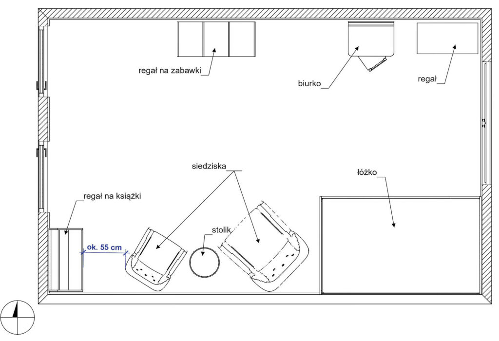 Przykładowy rysunek układu funkcjonalnego projektowanym pokoju dziecięcym