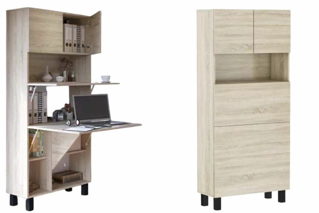 biurko składane Maren, to właściwie regał z rozkładanym blatem